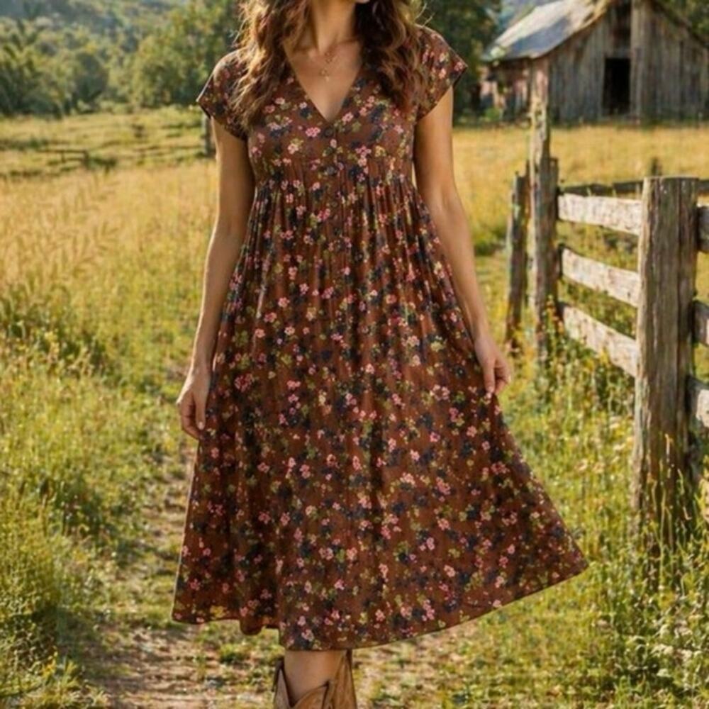 Natural Life Avery Corduroy Midi Dress Brown Floral Sz Large Cottagecore Boho